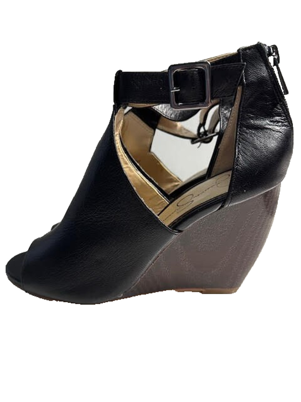 Jessica Simpson Crimsella Wedge Sandals Black Peep Toe Ankle Strap Women 8.5